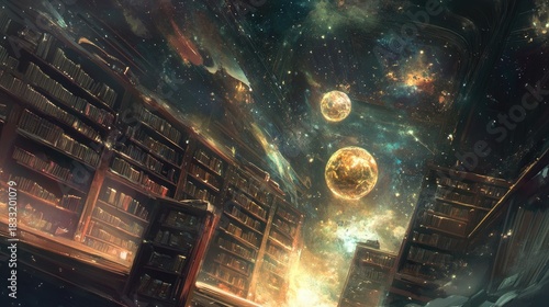 Celestial Athenaeum: A Grand Library Ascending into a Starry Cosmos with Glowing Planets.