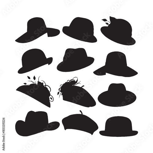 woman hats silhouettes collection, hat silhouette, fashion vector, female accessory, stylish headwear, elegant hat