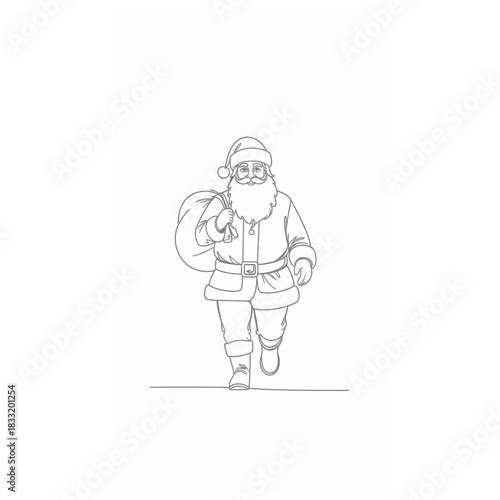 This charming line art illustration depicts the beloved Santa Claus in a full-body outline, carrying his sack, perfect for festive holiday designs.