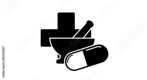 Pharmacy Symbol with Mortar Pestle Cross and Capsule Illustration.