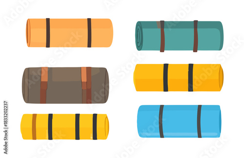Set of six colorful rolled tourist mats for sleeping, isolated on a white background.
