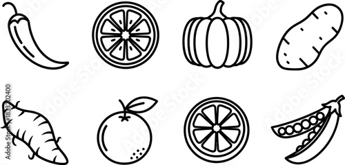 Minimalist line art icons of assorted fresh produce and edibles