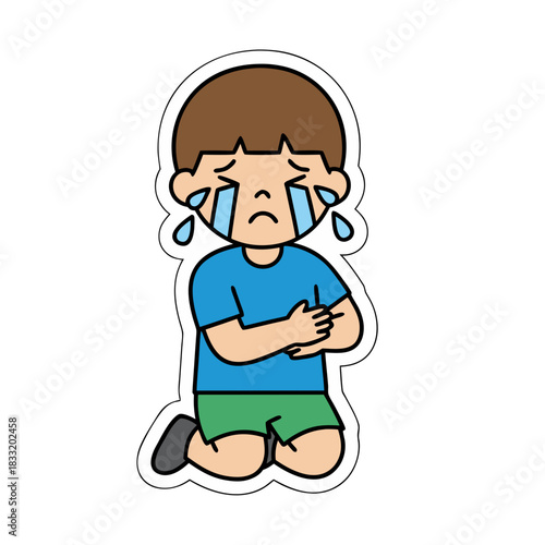 Sad Young Boy Kneeling With Tears And Crossed Arms Expressing Distress And Unhappiness In A Simple Flat Illustration Style