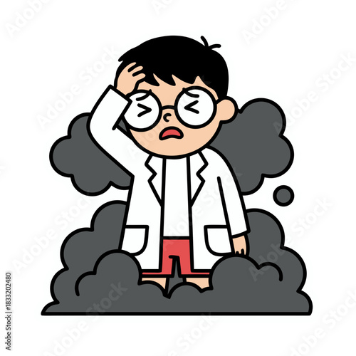 Young Boy Scientist In White Lab Coat And Red Shorts Holds Head In Frustration Amidst Dark Smoke Cloud With Closed Eyes Wearing Round Glasses A Cartoon Character Showing Exasperation