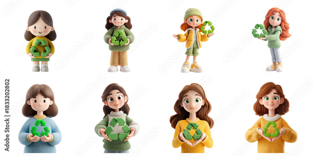 Fototapeta premium Claymation girl with recycle icon transparent mockup isolated png with no background.