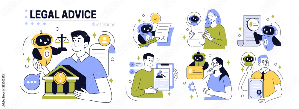 Fototapeta premium Legal advice ai service set. Robot assistant and people characters working together to analyze legal documents, review laws and sign contracts. Vector doodle illustration.