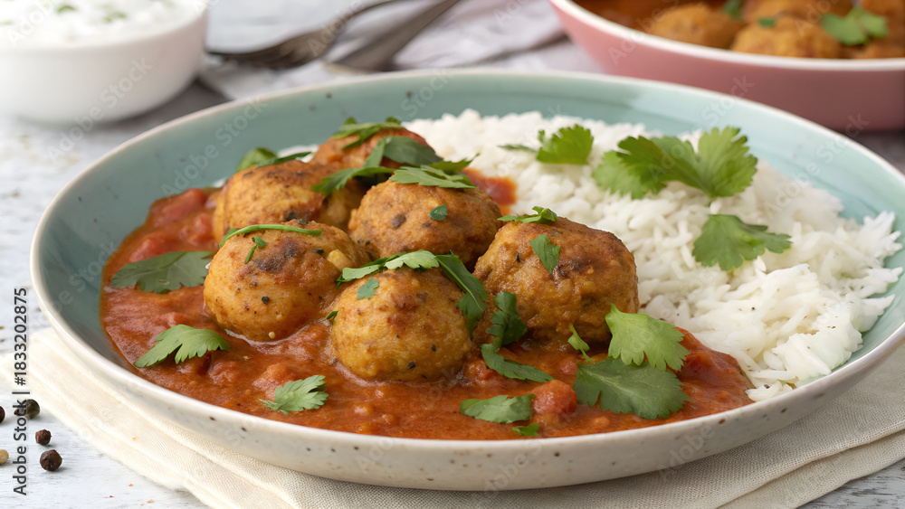 Fototapeta premium Kofta Meatballs with White Rice – Traditional Pakistani Dish Garnished