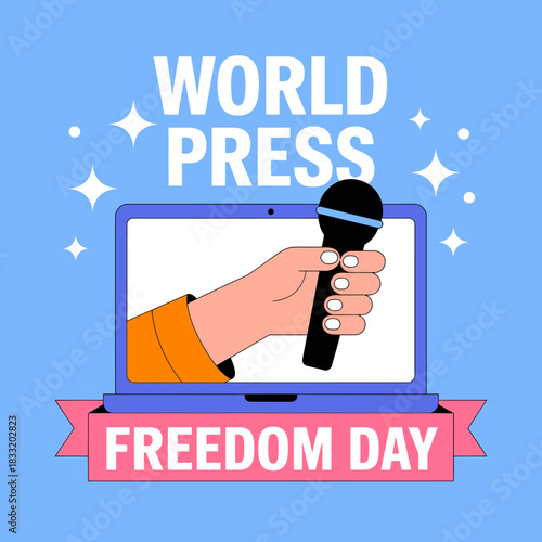 World press freedom day illustration with laptop and microphone