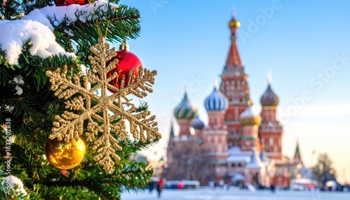 Christmas Tree Ornament Snowflakes Red Baubles St Basils Cathedral Moscow.
