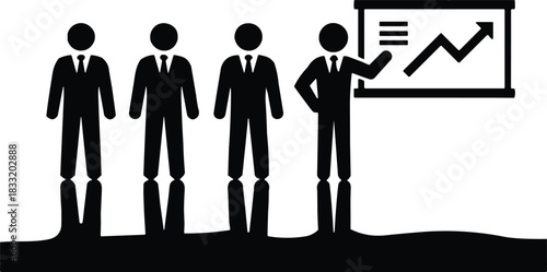 Business presentation silhouette, team watching chart, corporate training, growth graph, professional meeting, leadership concept, analytics report, strategy discussion, office illustration