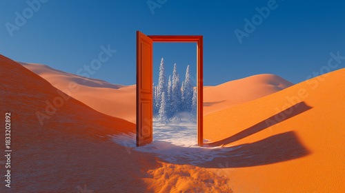 Doorway stands alone in middle of vast orange desert, opening to reveal snowy landscape with frosted pine trees, creating surreal and imaginative contrast