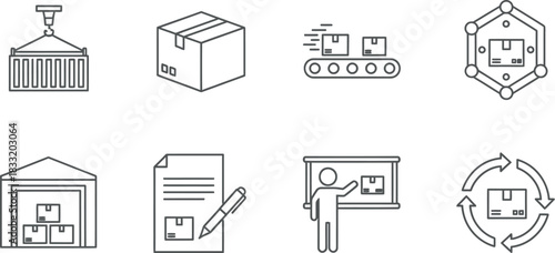 Logistics and supply chain management delivery process icons set