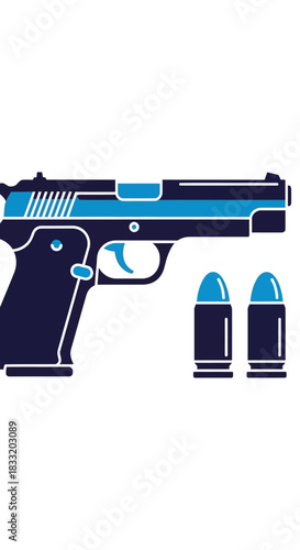 Isolated graphic illustration of a handgun with two bullets on a white background in blue tones