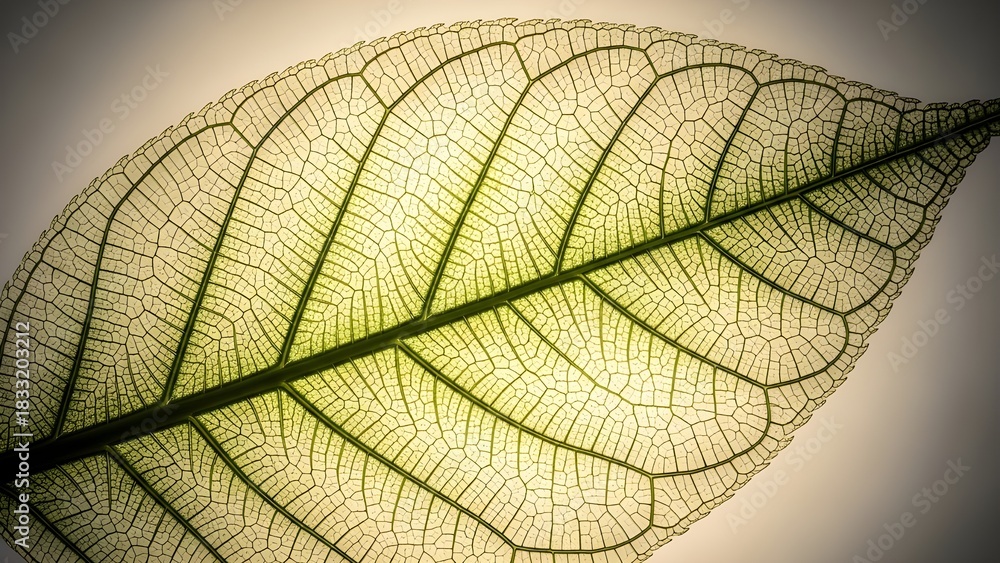 Obraz premium A macro shot of a single translucent leaf where the veins appear like frosted glass illuminated from behind. Soft gradients, botanical minimalism, high-detail organic textures, perfect 