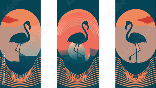 Elegant flamingo art print evokes tropical vibes, perfect for modern home decor or summer themed designs with its serene and calming mood and vector origin