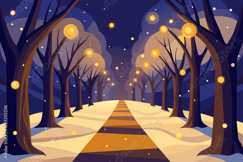 Winter night scene with trees and lights in a snowy landscape
