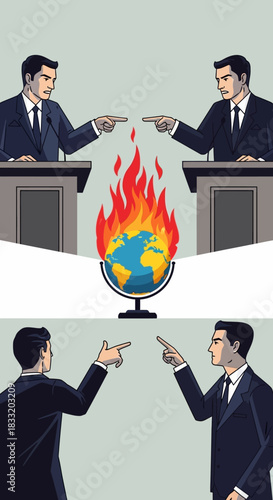 Two men pointing fingers at a burning globe on a stand during a heated debate illustration