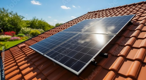 Solar panels installed on roof on a sunny day.