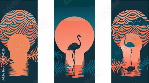 Stunning sunset flamingo art for elegant tropical designs, evoking peaceful paradise vibes, perfect for modern wall art, digital prints, and serene backgrounds