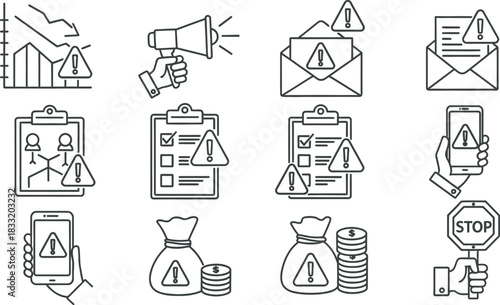Warning and error icon set: business, financial, communication risks