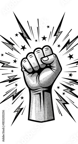 Raised fist with lightning bolts and stars in black and white halftone style illustration on white background