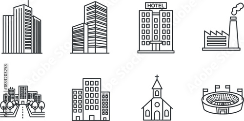 Urban architecture line icon collection: buildings, city, church, stadium