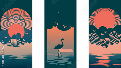 Tranquil flamingo art print set for peaceful home decor, stylish sunset scene with birds and water, serene nature illustration, calm coastal vibe
