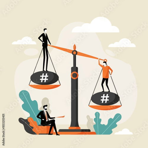 Illustration of business people on a scale with hashtags showing balance and comparison concept