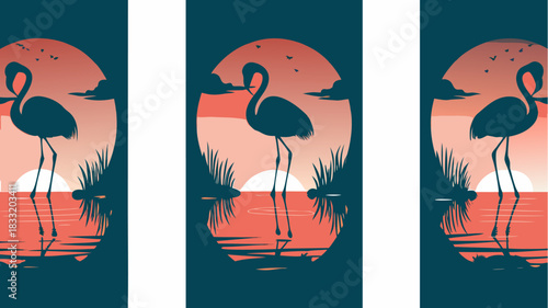 Elegant flamingo silhouette at sunset, creating a serene and calming tropical vibe, perfect for travel posters, nature blogs, and sophisticated designs