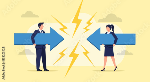 A man and woman holding large blue arrows pointing towards each other with lightning in the middle