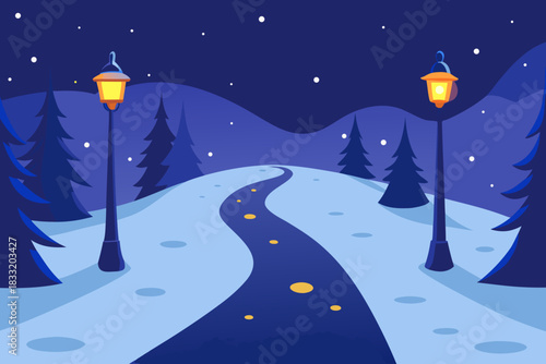 Winter night landscape with snowy path and streetlights illustration