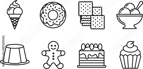 Dessert and sweet food outline icons collection, confectionery set