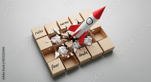 Rocket rules norms fear doubt breaking through cardboard boxes representing bold innovation and liberation from limitation conveying energetic determination