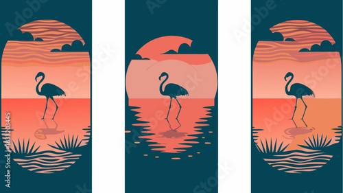 Serene flamingo silhouettes reflect in the calm water at sunset, perfect for travel posters, coastal decor, or peaceful nature designs, originally vector