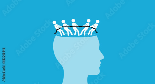 Stick figures tug of war on top of a light blue head silhouette on a blue background illustration