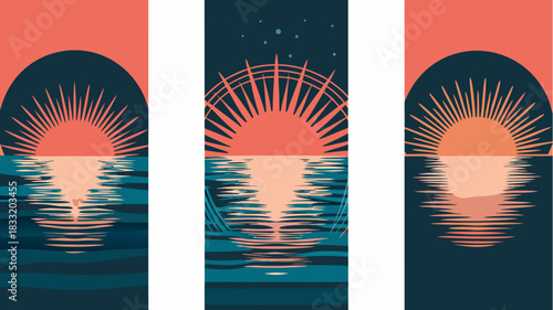 Stunning sunset reflecting on the ocean, casting a warm glow, evoking feelings of tranquility and summer bliss, perfect for travel and relaxation themes