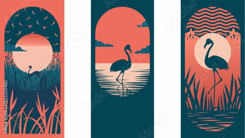 Elegant flamingo silhouettes at sunset, tranquil nature scenes in modern minimalist style, perfect for branding, posters, or calming wall art prints
