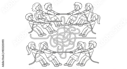 Coloring page of children playing tug of war with a tangled rope maze in the center of the image