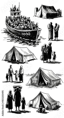 A black and white drawing depicts refugees arriving by boat and setting up tents in a refugee camp