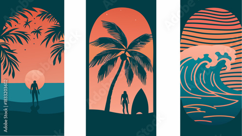 Serene beach vibe artwork showcasing three tropical scenes with surfers, palm trees, and waves, embodying relaxation and adventure with warm sunset tones