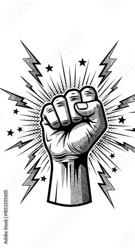 Raised fist with lightning bolts and stars in black and white halftone comic book style illustration
