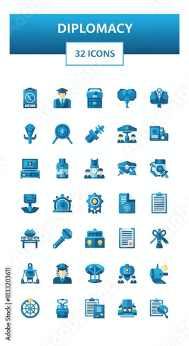 A collection of thirty two diplomacy icons in shades of blue on a white background display graphic