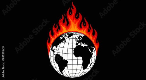 Illustration of a globe with continents and grid lines surrounded by flames against a black background