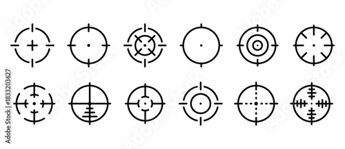 Target aim icon set. Sniper aim. Cursor focus on the target. Target and aim icon set, crosshairs, precision, accuracy, and focus icons for aiming, archery, shooting, or navigation vector icons set.