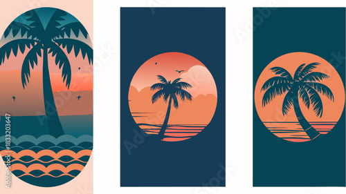 Tropical sunset paradise with palm trees, evoking summer vibes and island escapes, perfect for travel posters, beach promotions, and vacation designs, originally vector