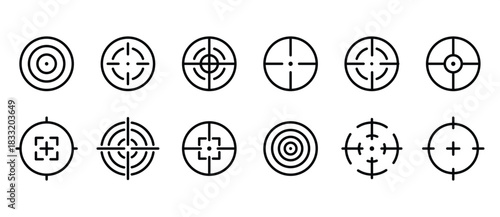 Target and aim icons set, crosshairs, bullseye vector, precision, accuracy, and focus icons for aiming, archery, shooting, or navigation vector icon set in transparent background. Editable stroke.