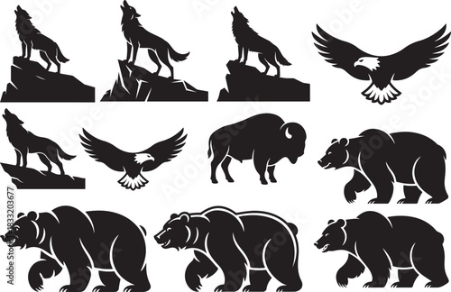 Silhouette collection featuring wolves eagles bison bears and other wildlife