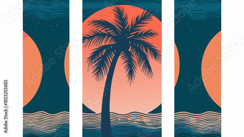 Tropical escape featuring a stylized palm tree against a vibrant sunset and ocean waves, perfect for summer vibes and relaxing vacation themes