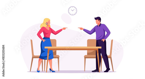 Illustration of a man and woman pointing fingers at each other across a table with a clock on the wall
