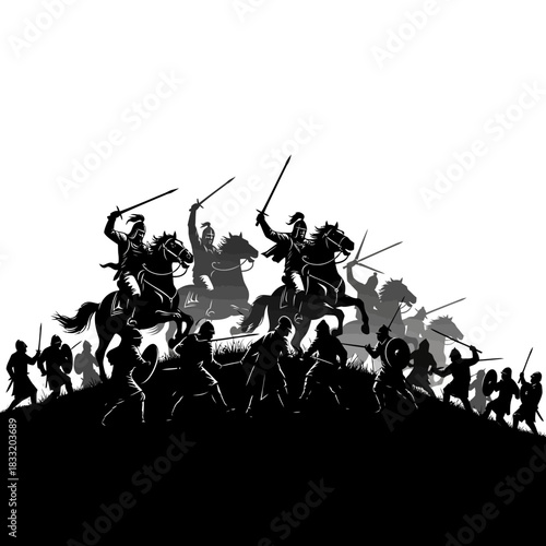 Silhouette illustration of a medieval battle scene with cavalry and foot soldiers charging forward